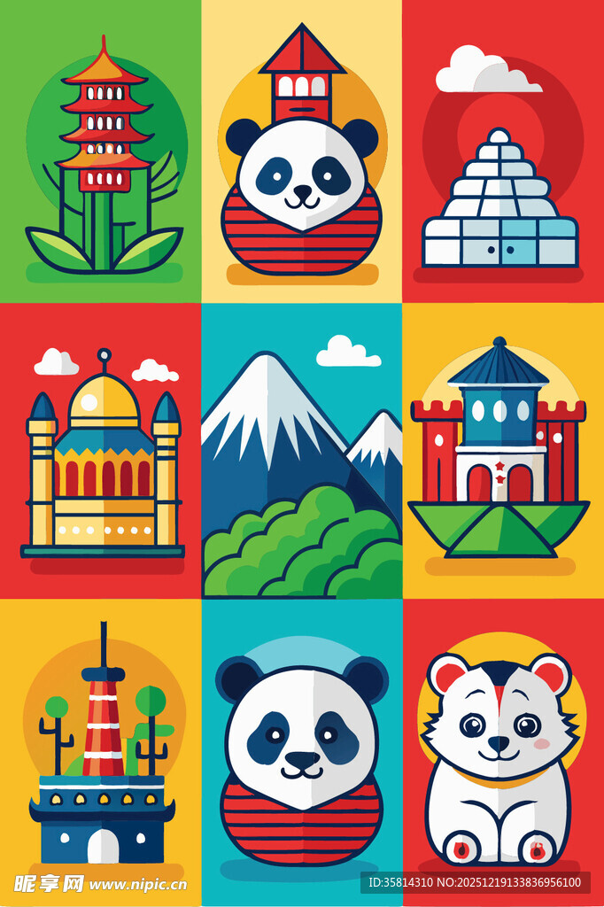 亚洲特色建筑与萌宠图案