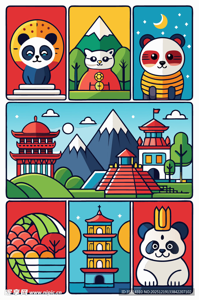 亚洲风情插画多样文化元素