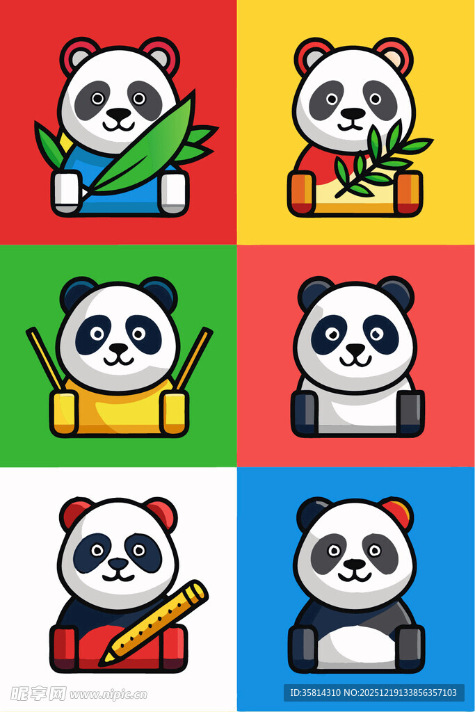 多彩熊猫吃竹卡通形象