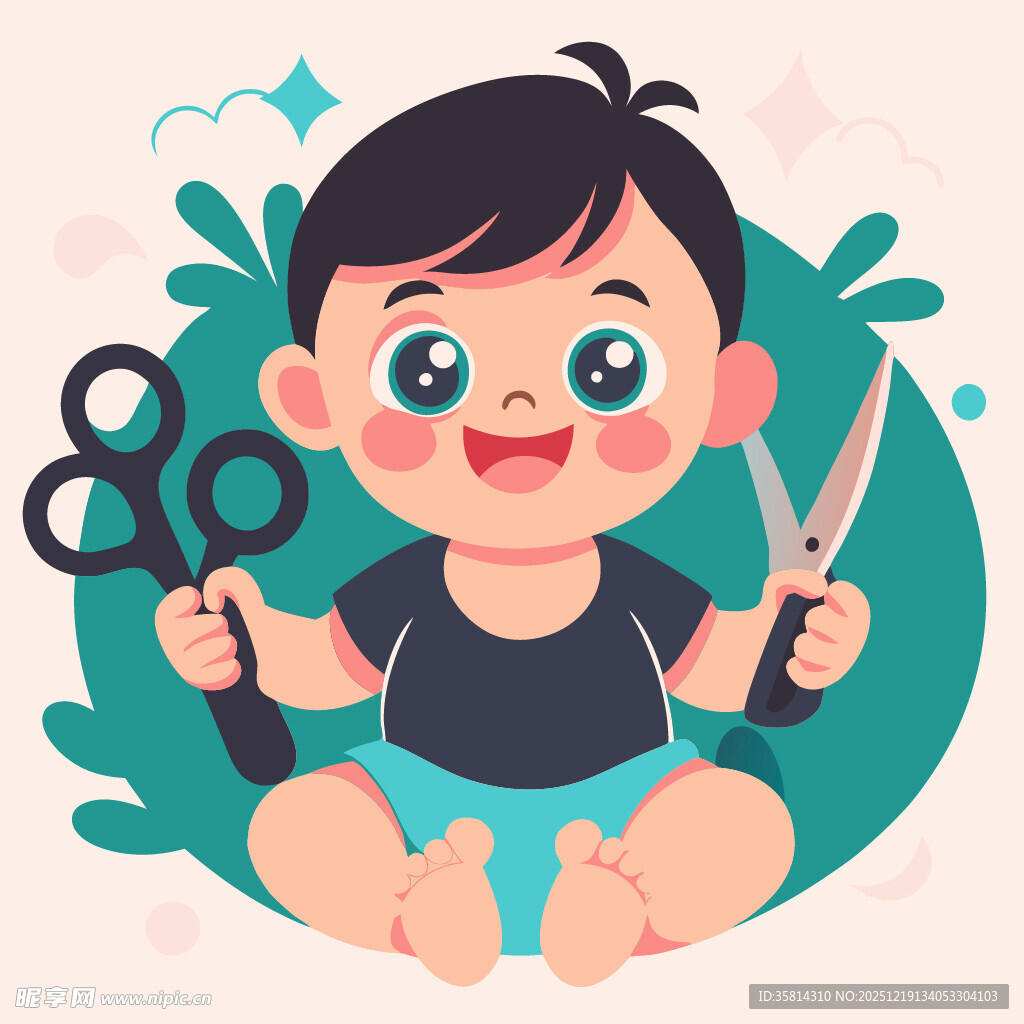 可爱宝宝手持剪刀玩耍