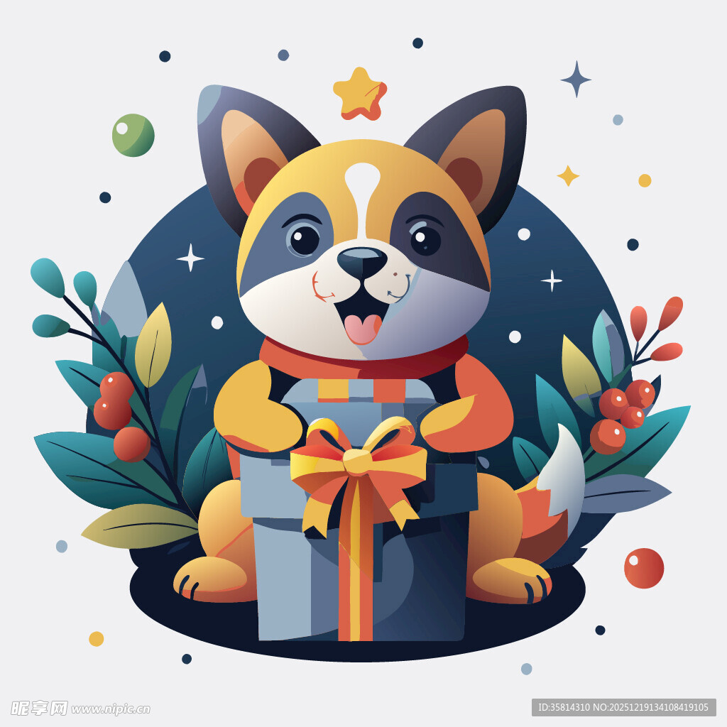 圣诞柯基抱礼盒欢乐场景