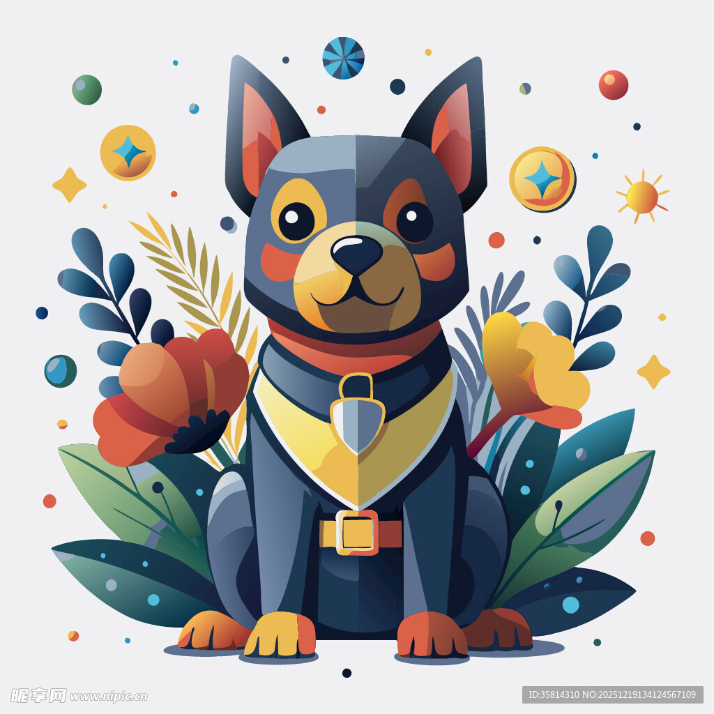 可爱卡通小狗与花草装饰