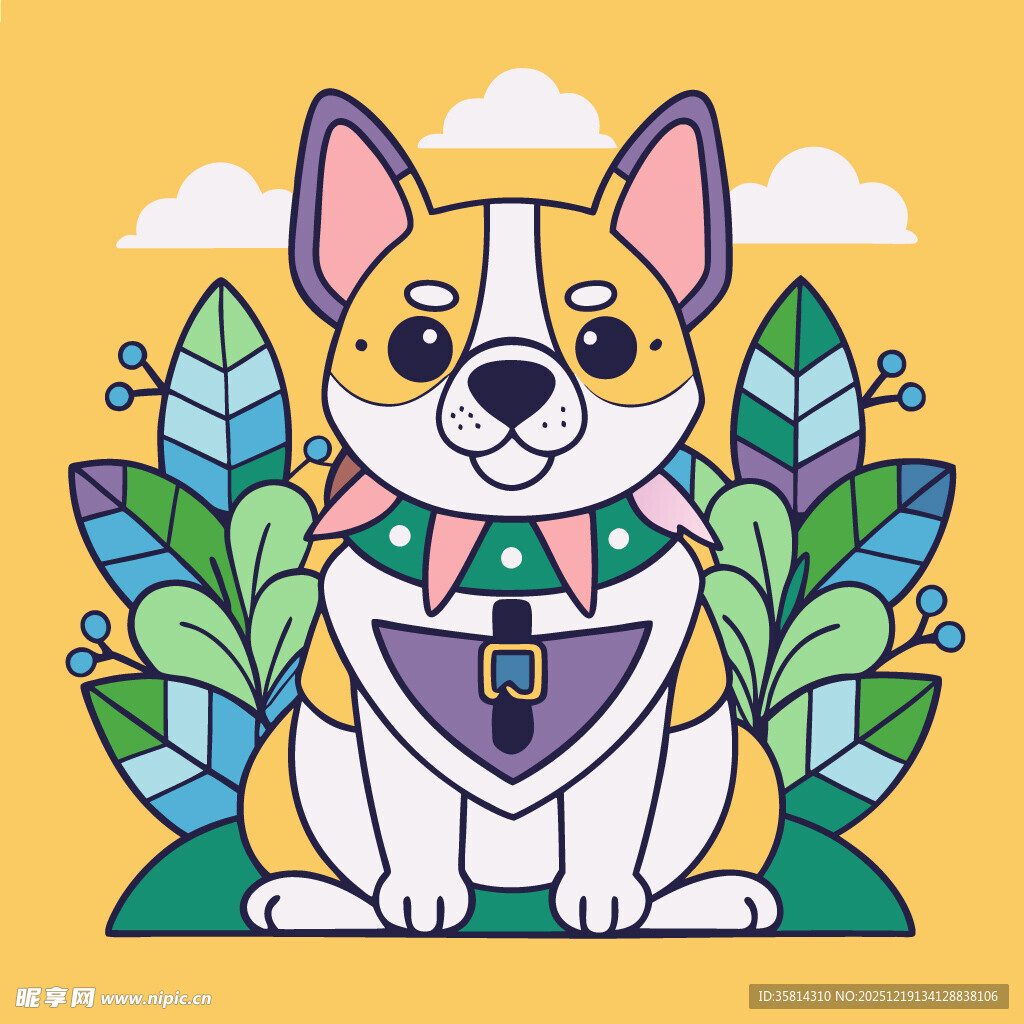 可爱卡通小狗与绿植相伴