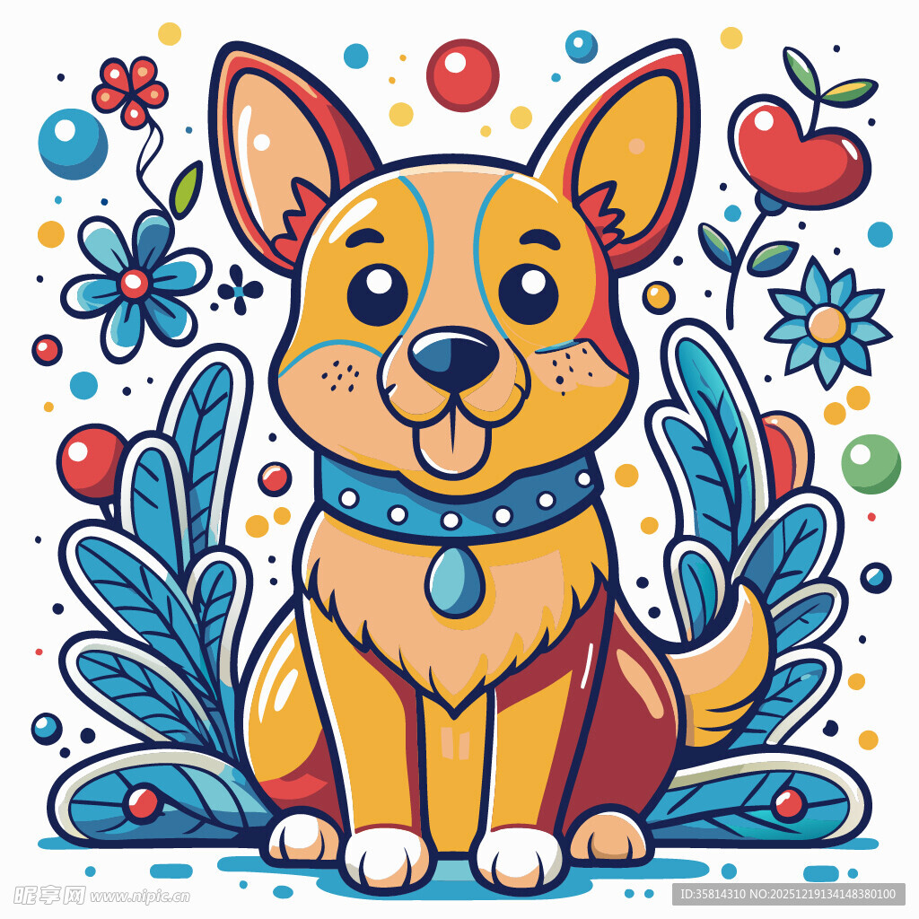 可爱小狗插画多彩装饰环绕