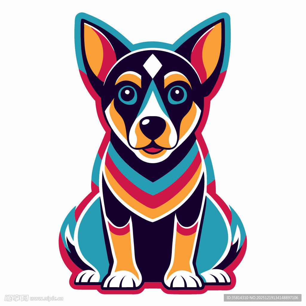 彩色几何风坐姿小狗插画