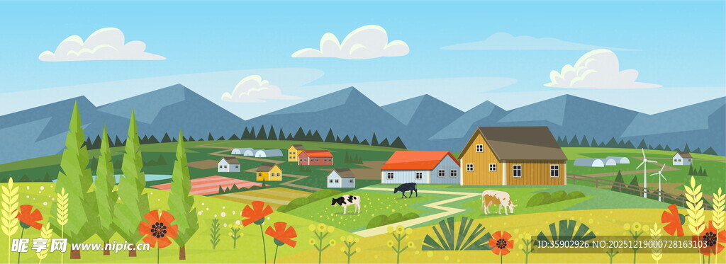 田园风光中的多彩乡村景色