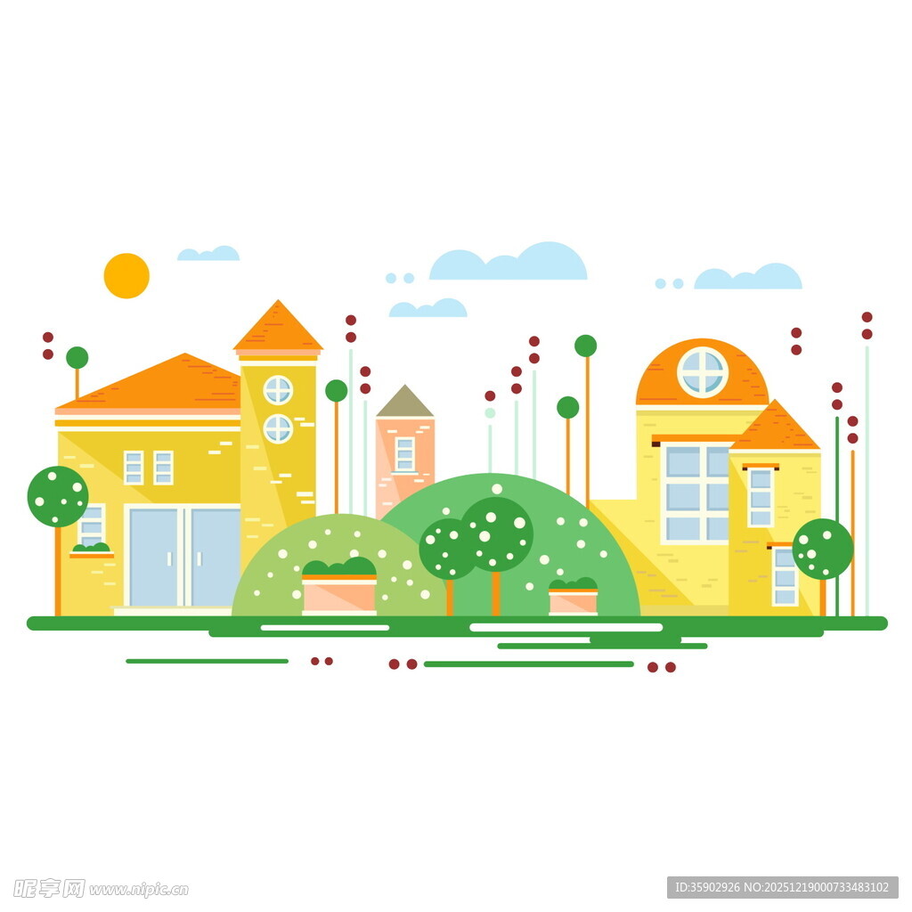 可爱卡通风格的小镇风景