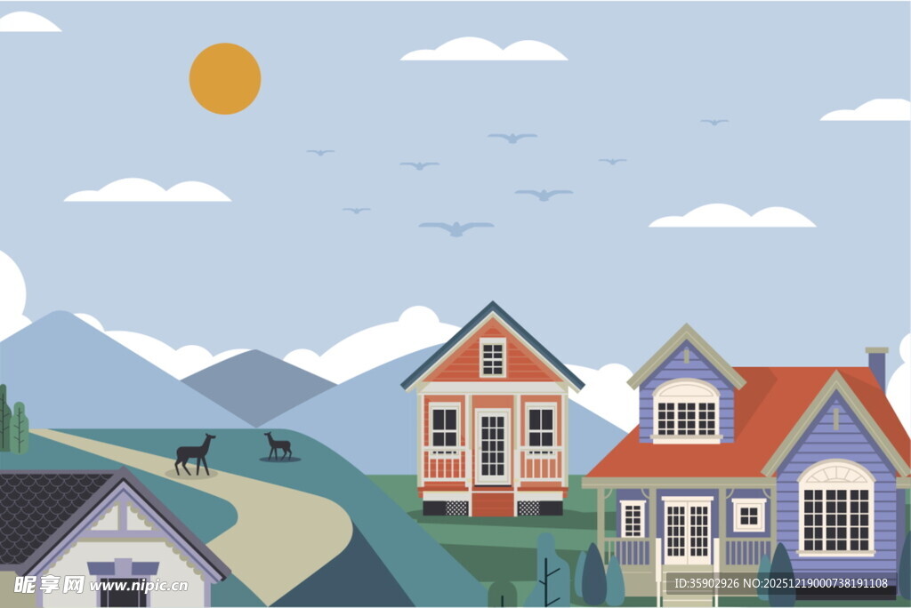 乡村多彩房屋与美丽风景