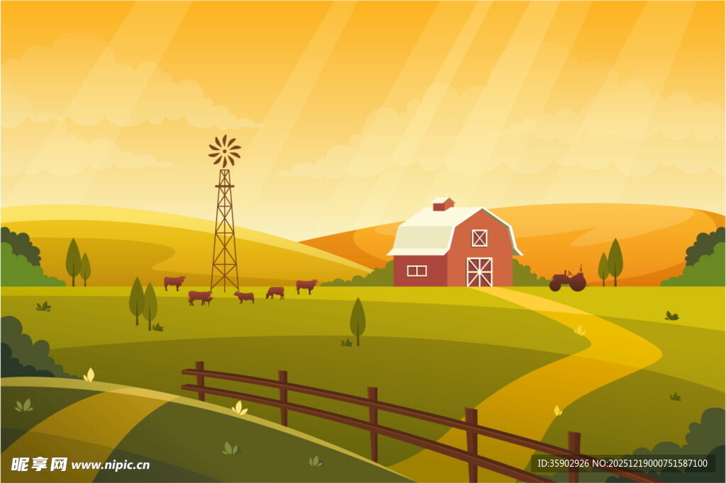 田园风光中的红顶农舍