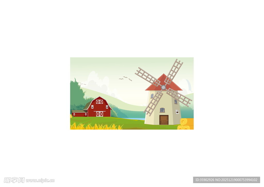 田园风车风景插画