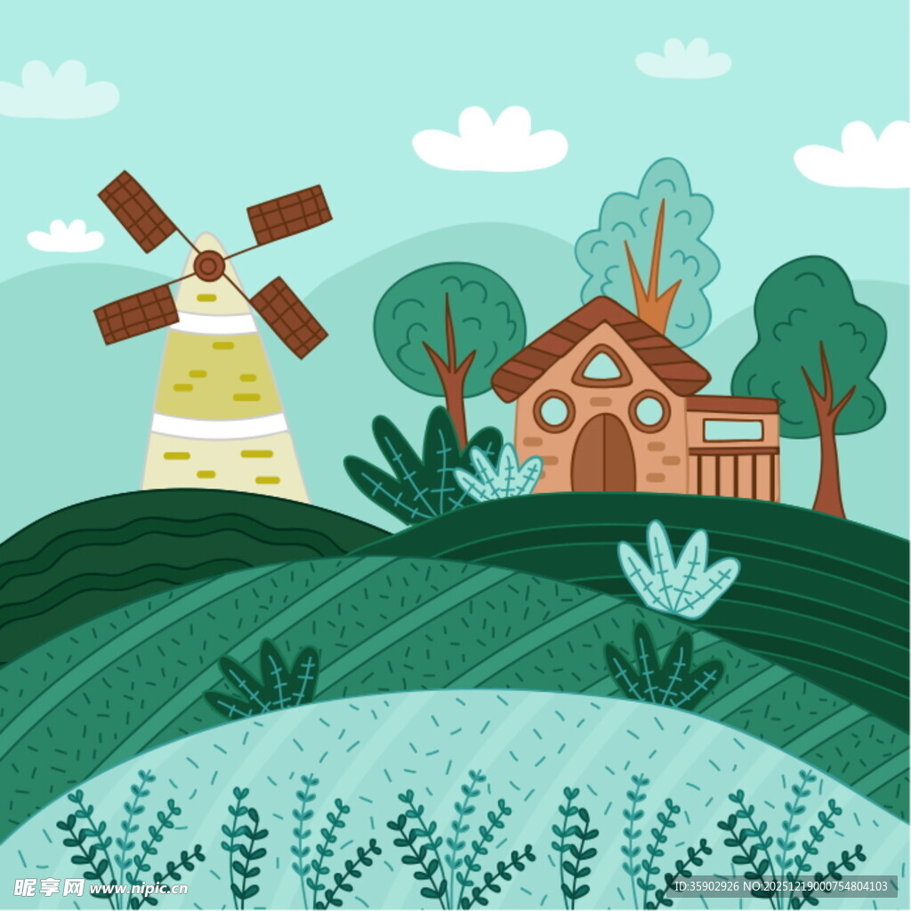 田园风车小屋风景插画