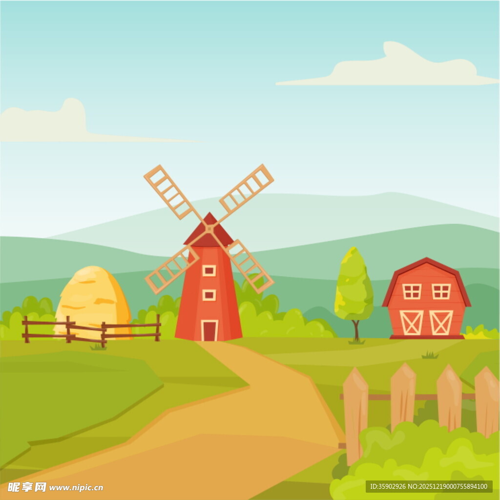 田园风车农舍风景图