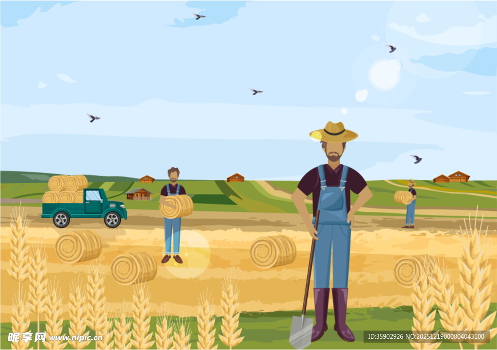 丰收田野上的劳作场景