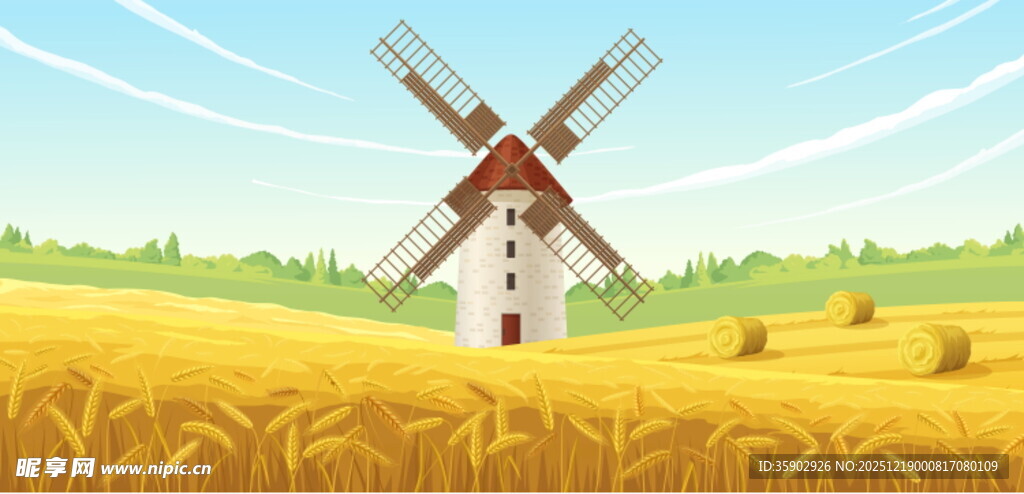 金色麦田中的风车景观