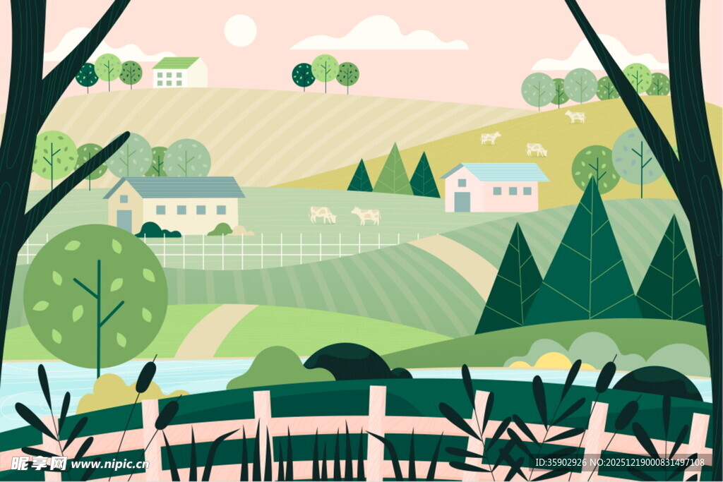 田园风光乡村美景插画