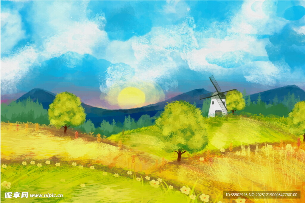 田园风光手绘美景