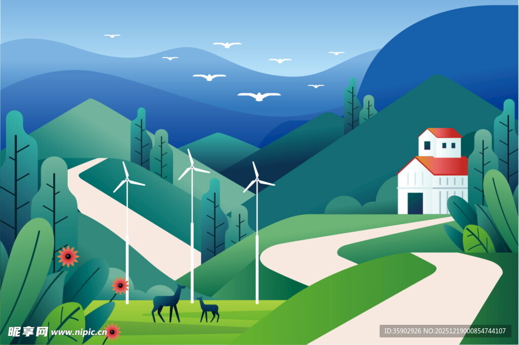 山间风电美景与田园小屋