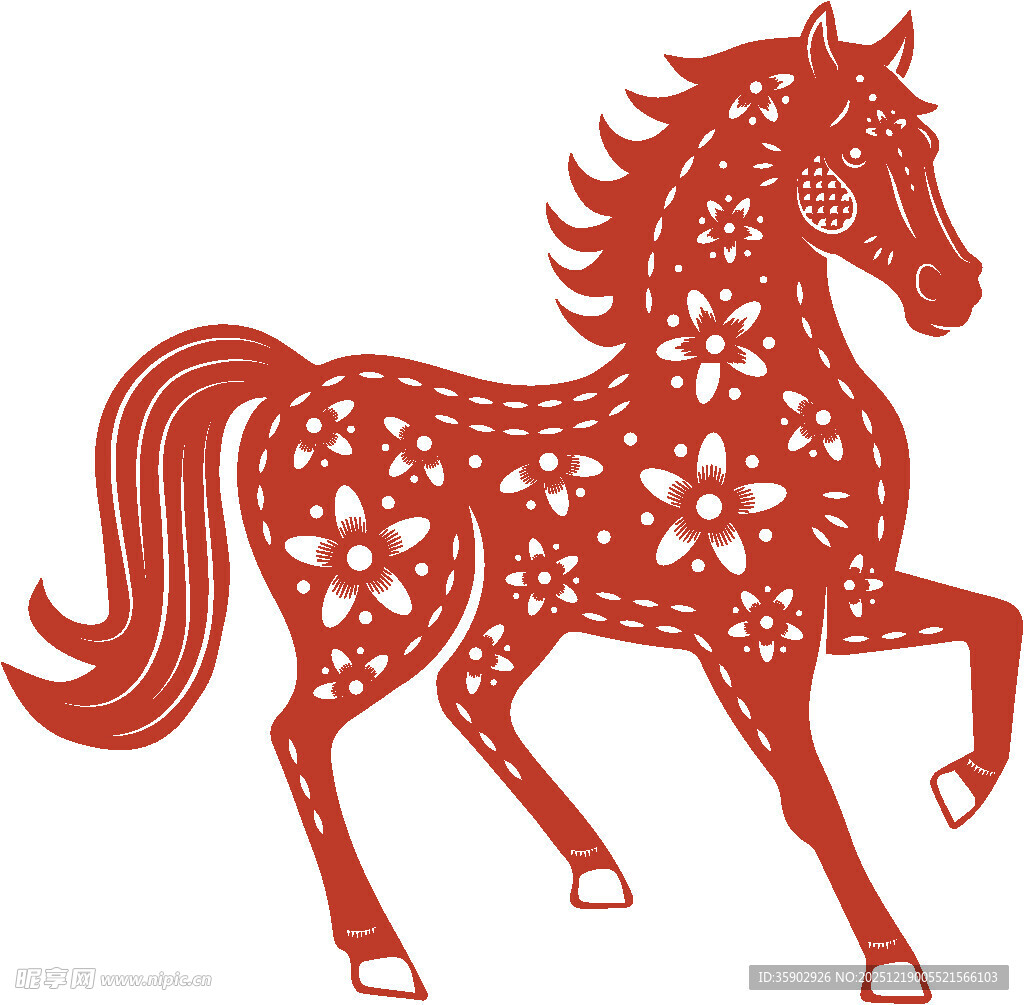 红色剪纸风奔跑骏马图案