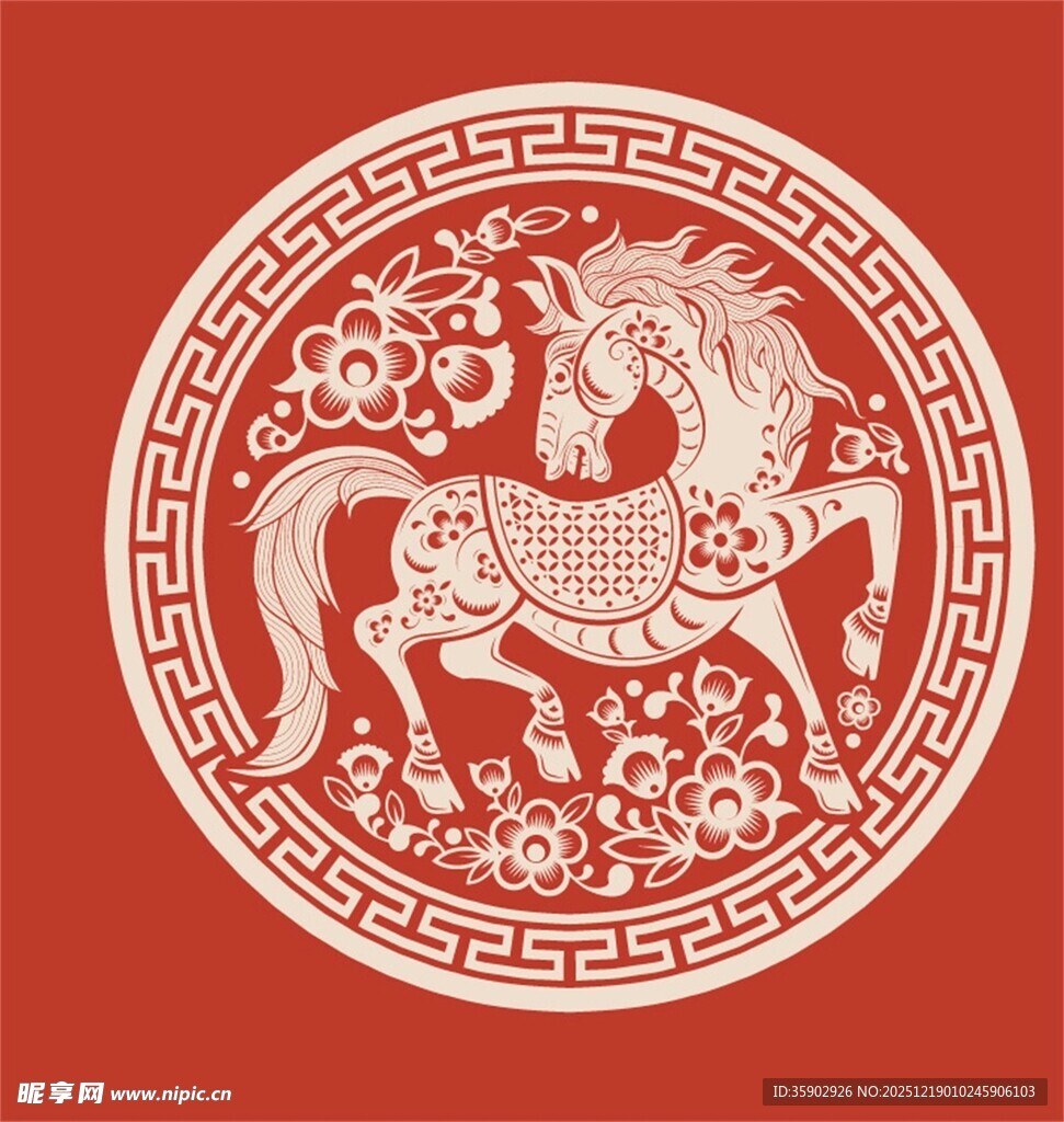 圆形剪纸风奔腾骏马图案