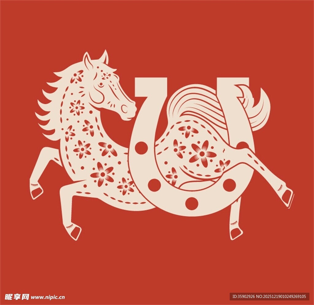 红色背景双马剪纸图案