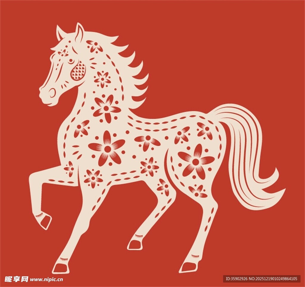 红底花纹装饰白马图案