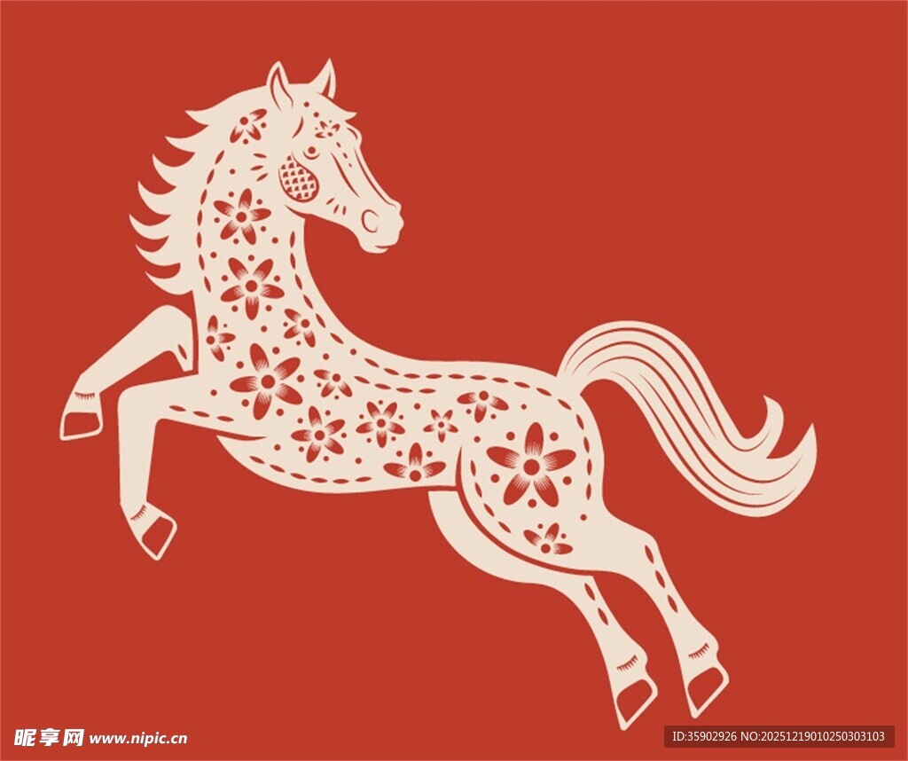 红色背景上的花纹跃马