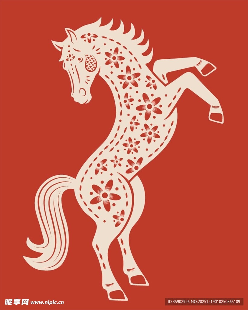 红色背景上的花纹跃马