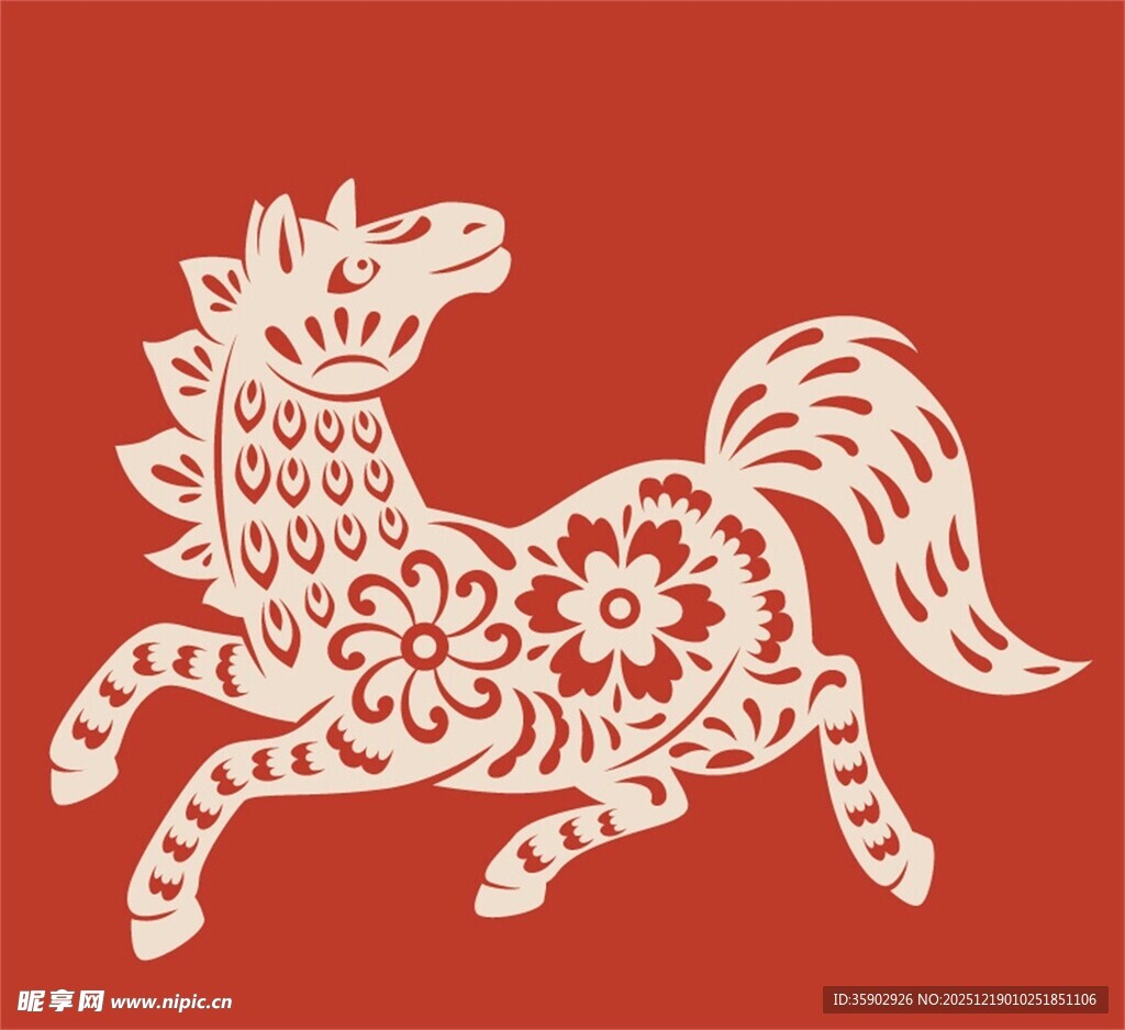 红色剪纸风奔腾骏马图案