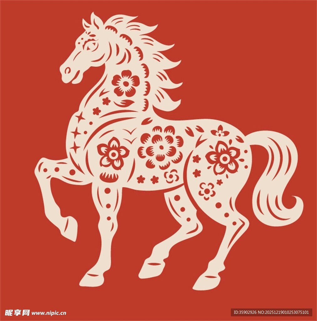 红色剪纸风奔跑骏马图案