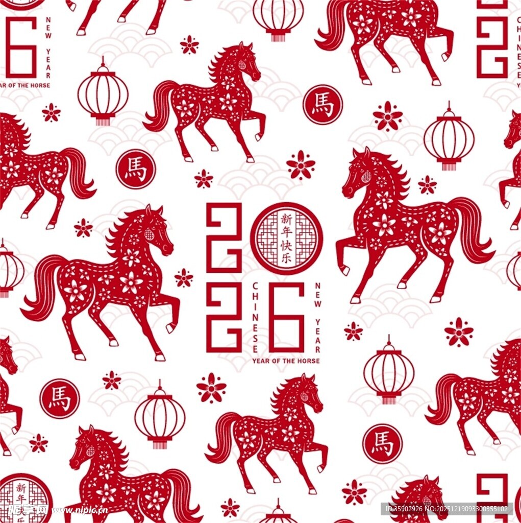 红色骏马中式图案背景