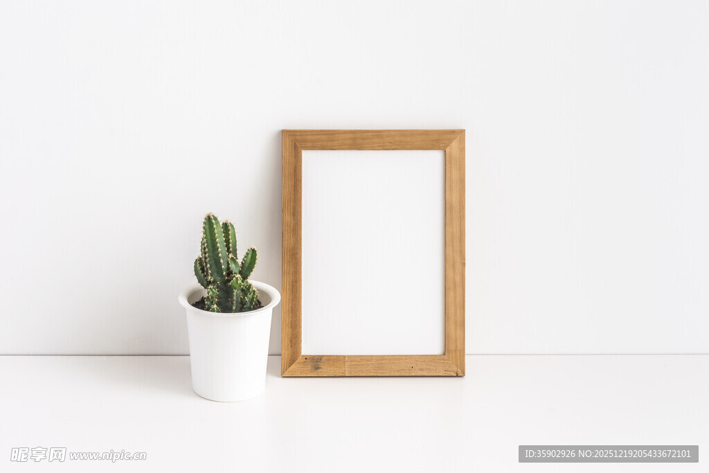 木质相框与仙人掌摆件