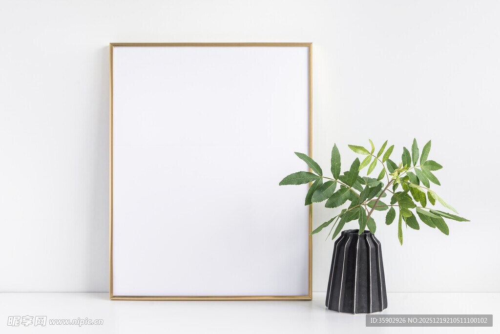 简约画框旁的绿植摆件
