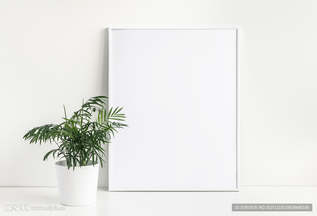空白画框旁的绿植摆件