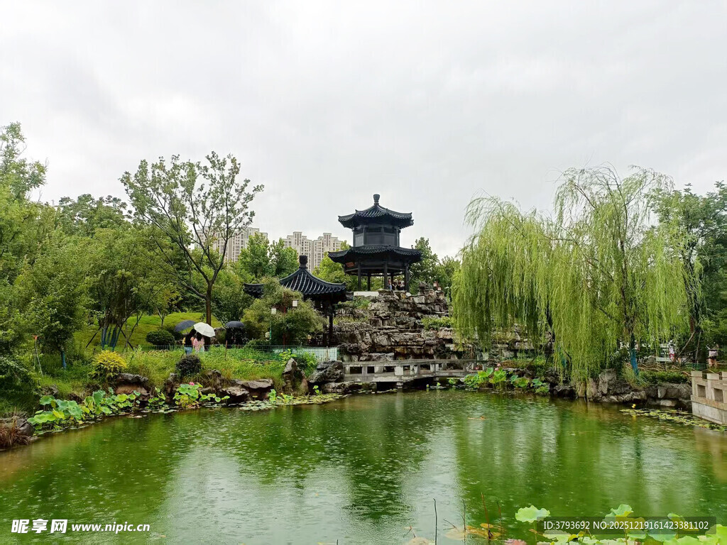 中式园林湖畔古亭美景