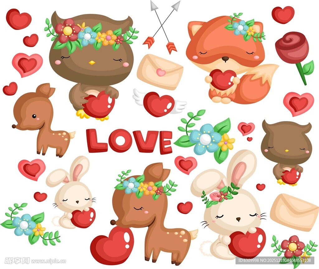 可爱动物与爱心浪漫插画