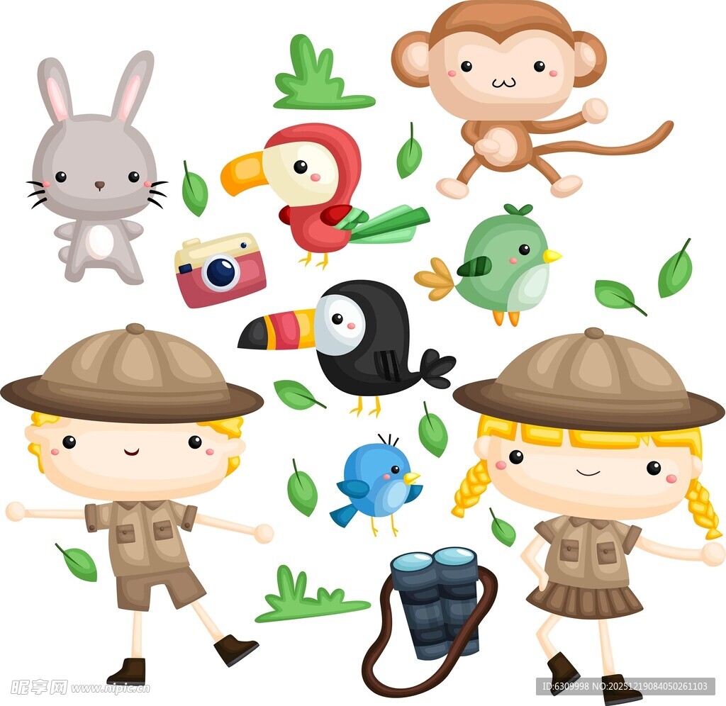 儿童探险家与可爱动物们