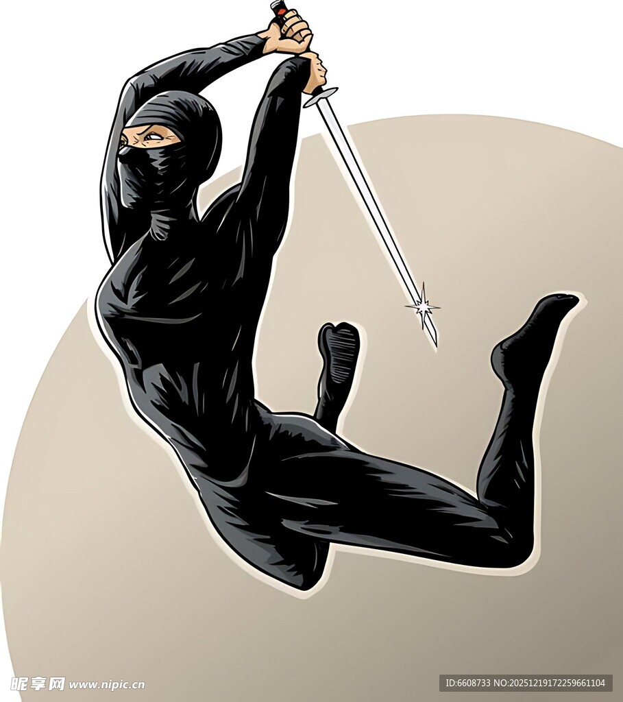 黑衣忍者持剑空中飞跃