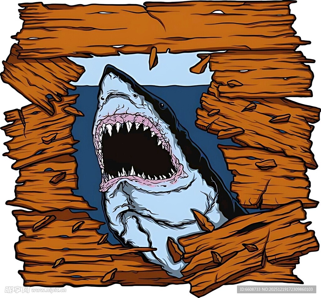 破木板后的凶猛鲨鱼
