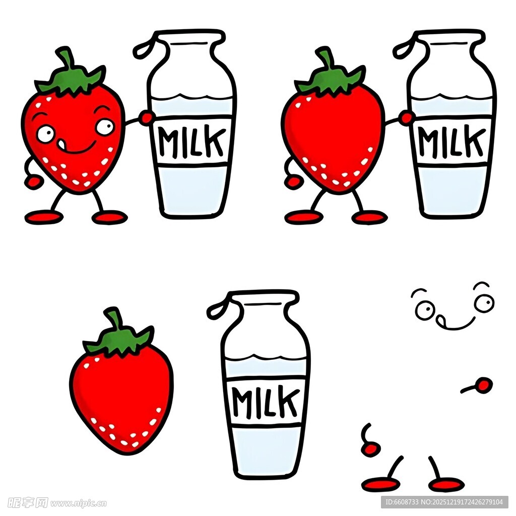 草莓与牛奶的趣味卡通组合