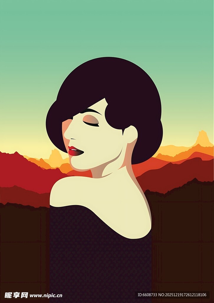 夕阳下的短发女性背影