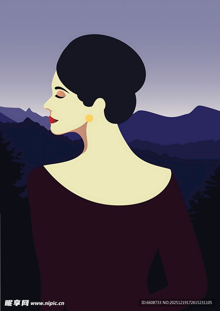 优雅女士侧影远山背景