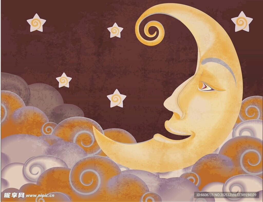 微笑月牙与梦幻云朵星空