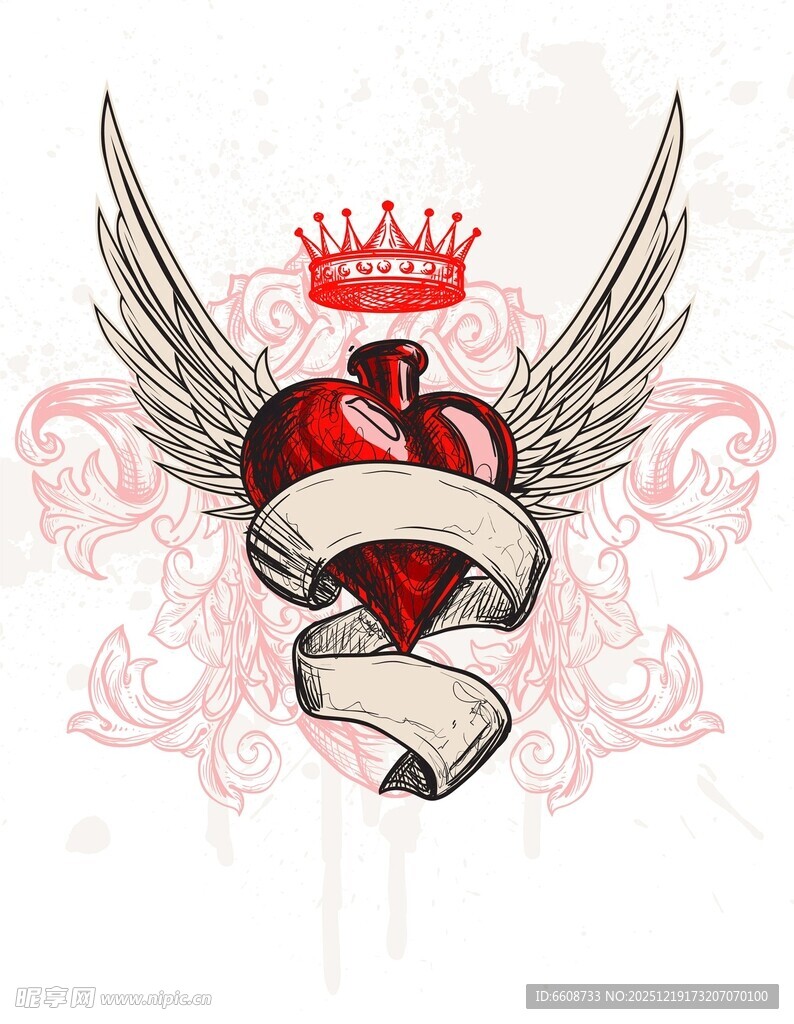带翼红心配皇冠纹身图案