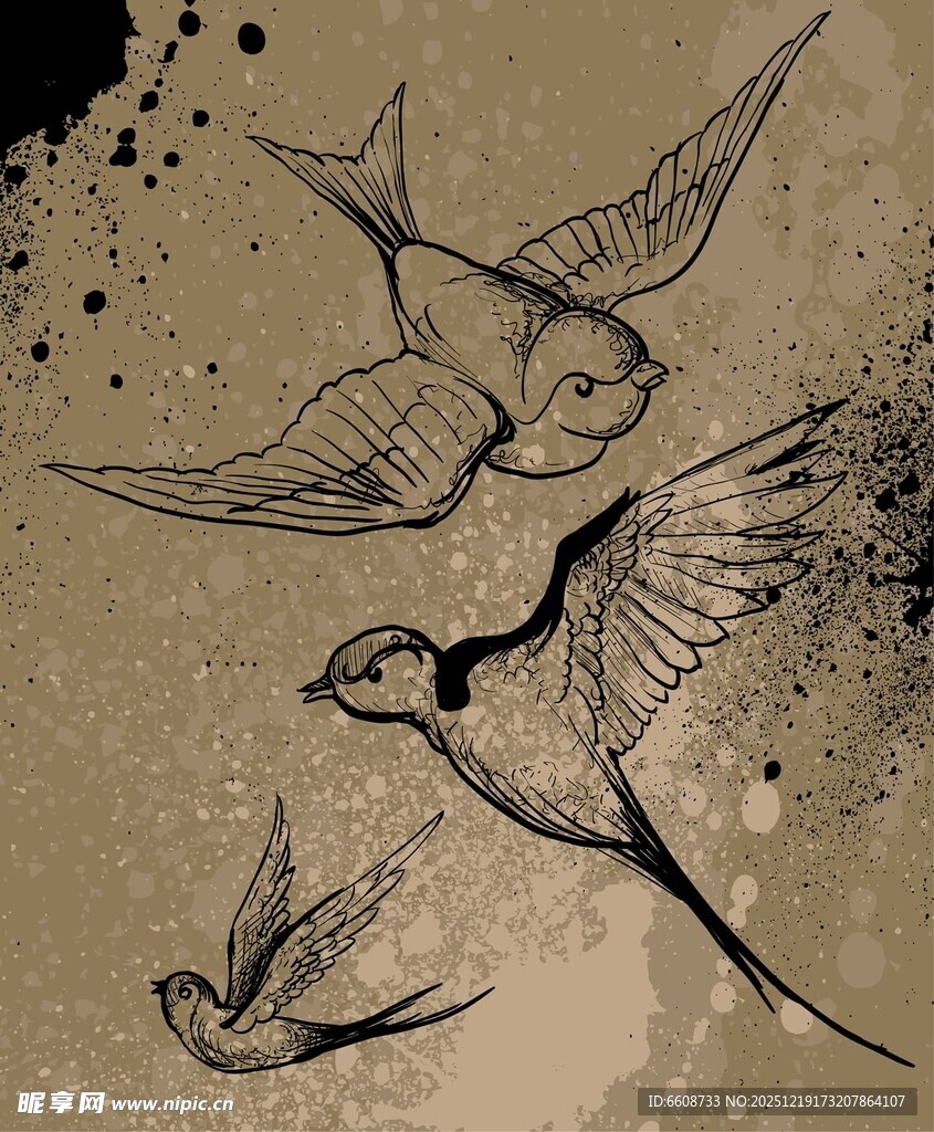 手绘飞鸟复古风艺术画面