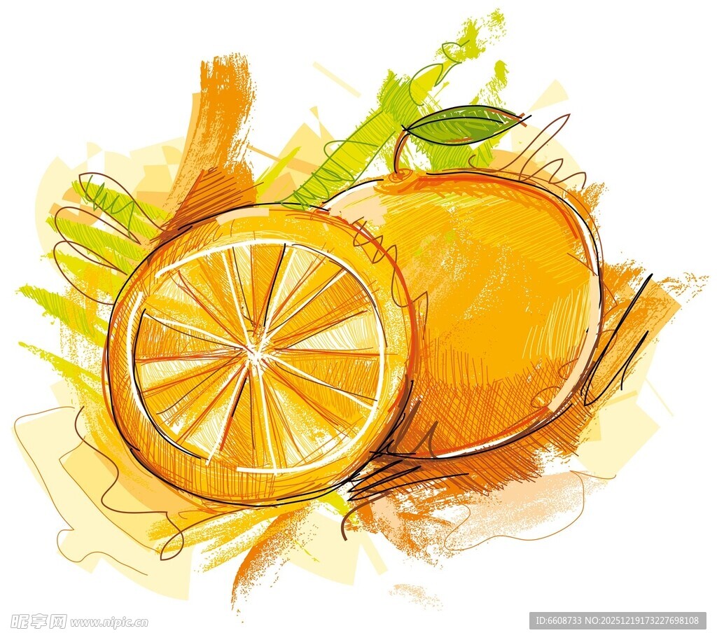 水彩绘橙子与柠檬切片