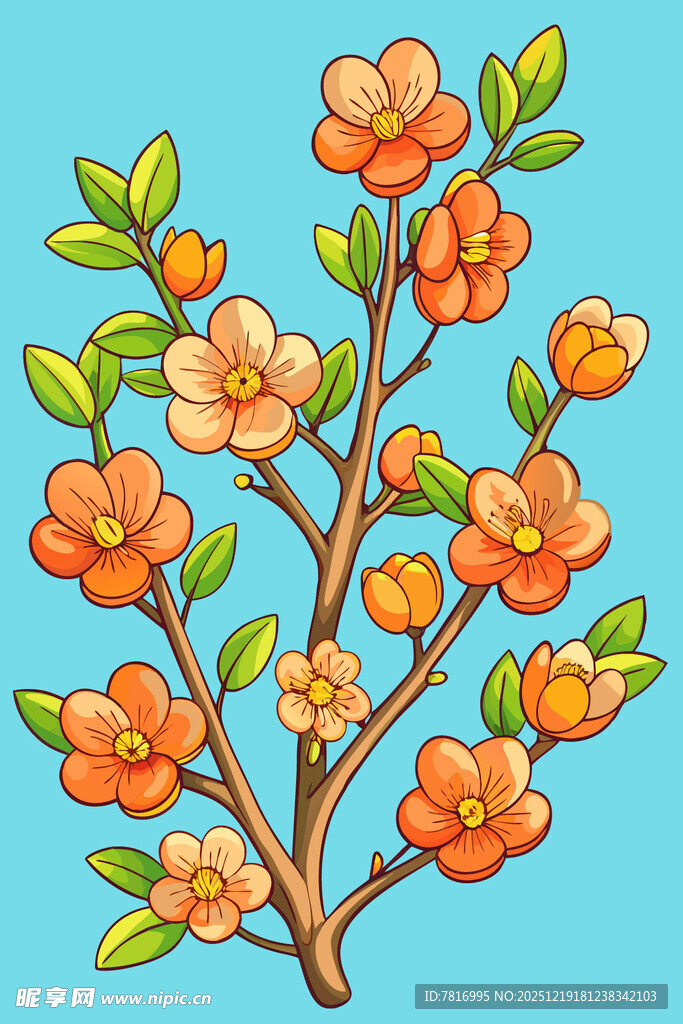 橙色花朵树枝插画