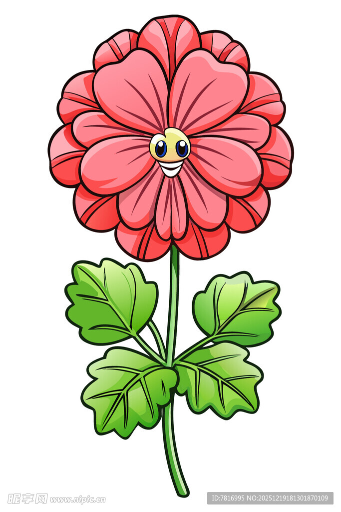 手绘红色花朵与绿叶