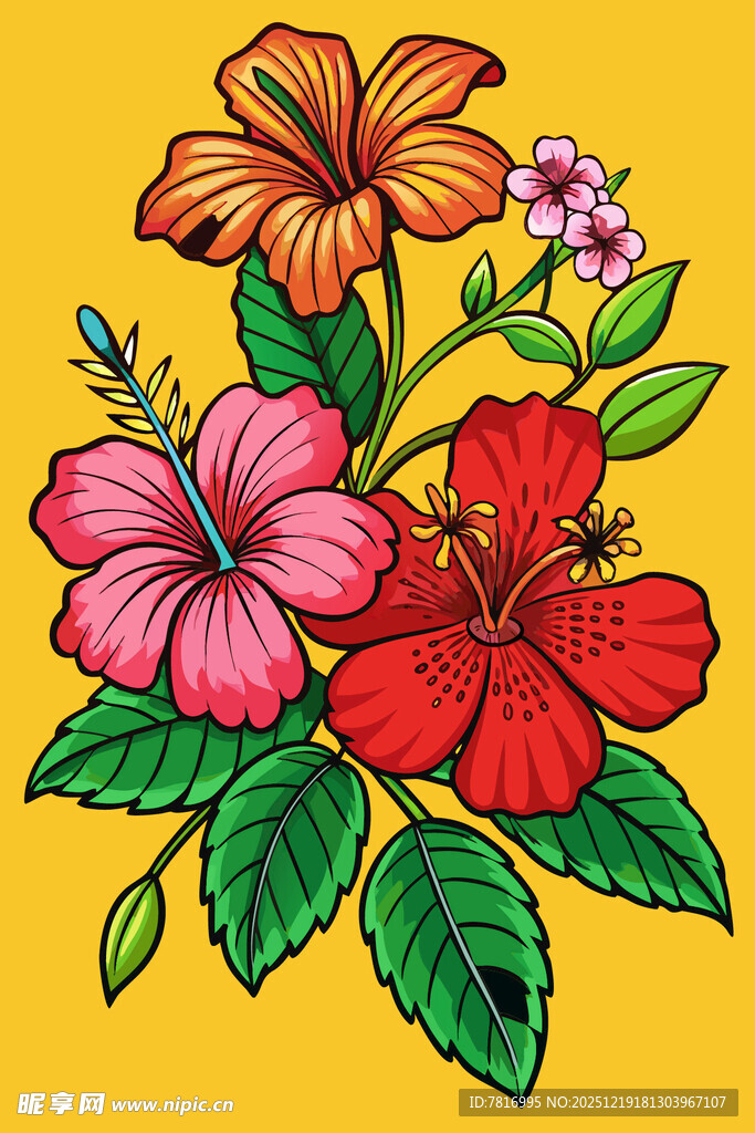 手绘鲜艳扶桑花插画