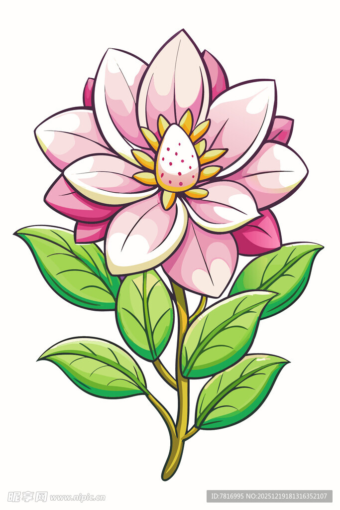 手绘粉色花朵与绿叶