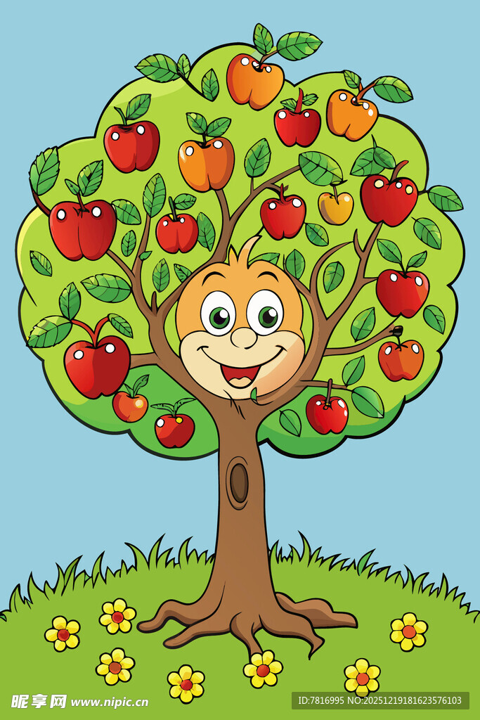 笑脸苹果树童趣田园景象